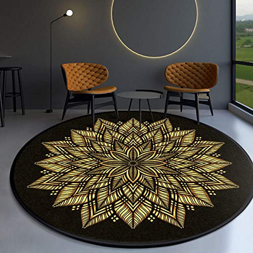 Mandala-Teppich im Bohemian-Stil, rund, ethnisch, barock, Samtmatte für Couchtisch, Schlafzimmer, Büro, 110 cm Durchmesser, goldgelbes Rautenmuster