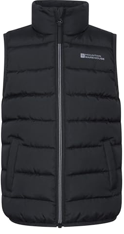 Mountain Warehouse Gepolsterte Kinder-Weste von Rocko - wasserabweisend, Mikrofaserweste, 2 Vordertaschen – idealer Körperwärmer für Jungen, Frühling, Sommer Schwarz Kinder 140 EU (9-10 Jahre)