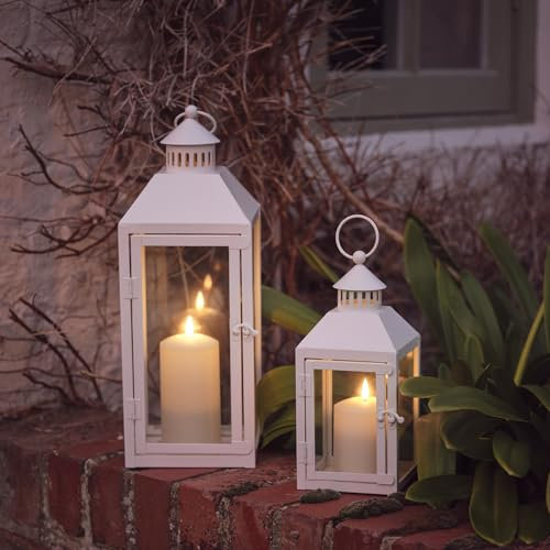 Lights4fun Weiße Metall-Laterne inkl. TruGlow® LED-Kerze mit flackernder LED-Flamme und Timer für Innen & Außen Garten Balkon Dekoration Windlicht Laternen Vintage Wetterfest 26 cm & 40 cm