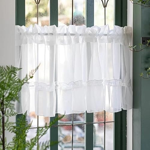 2pcs Boho Beige Scheibengardinen Vintage Halbtransparente Bistrogardine küche kurz Gardinen Boho Vorhänge Quasten Fensterschal Halb Transparent für Küche Wohnzimmer Landhaus (W150*H80)