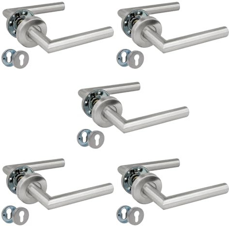 Amig - Lot de 5 poignées de porte sur rosace | 136 x Ø19 mm | Design Élégant et Simple | Idéal pour votre maison ou bureau | Acier Inoxydable | Argenté Mat | Inclut Entrée de Clé pour Cylindres