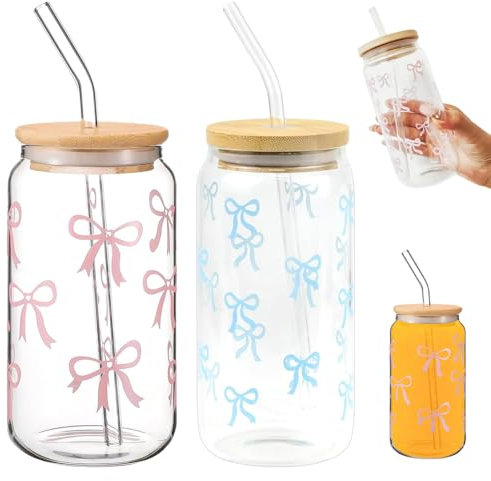 Dhqkqg Pink Bow Glass Cup Set, 2 Pcs Bow Cups with Lid and Straw, 16 Oz Iced Coffee Cup, Reusable Glass Drinking Cups for Smoothies Beer Cola Juice Soda for Women Girls Friends (Pink & Blue)