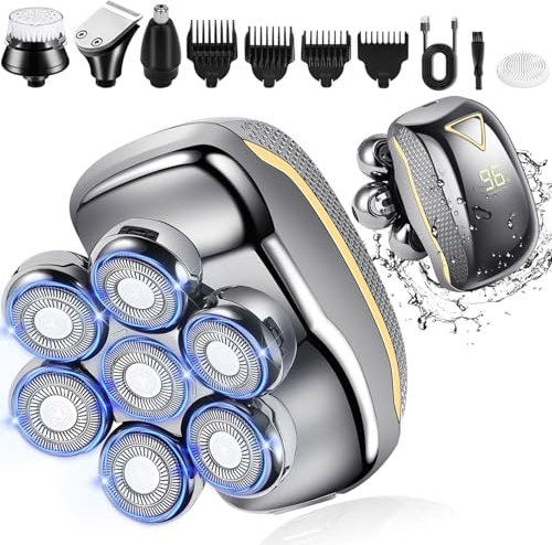 Glatzen Rasierer Herren elektrisch, 5 in 1 Elektrischer rasierer herren, IPX7 Wasserdichter, mit 7 rotierende Scherköpfe, LED Anzeige elektrischer rasierer Bart Nasenhaar Trimmer Pflege Kit
