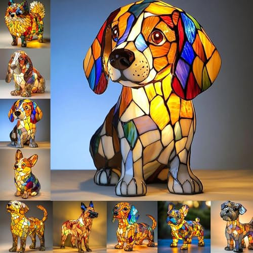 Hundelampe Französische Bulldogge & Corgi Harzlampe, LED Nachtlicht aus Kunstharz - Handgefertigte Retro-Tierlampe mit warmem Licht, Schlafzimmerdekoration & Geschenkidee für Hundeliebhaber (H)