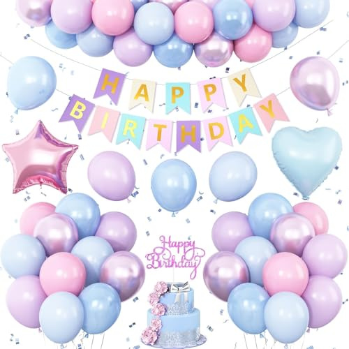 Décorations d'anniversaire rose, violet, bleu, décoration de ballons pastel, bannière « Happy Birthday », décoration de gâteau, étoile et cœur, ballon en aluminium pour fille, fête prénatale, fête de