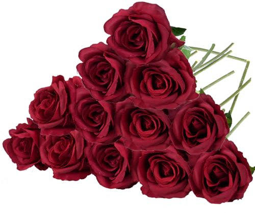 Confezione da 12 rose artificiali di vino rosso con steli, in seta, bordeaux, bouquet di rose per San Valentino, bouquet da sposa, vaso, centrotavola, decorazione fai da te per torte