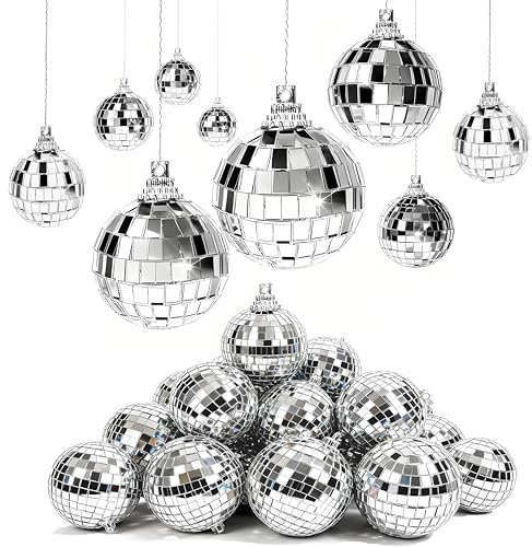 Kiswleon 27 Stück Discokugel Deko 3cm 4cm 5cm 6cm,Silber Spiegelkugel Zum Aufhängen,Glänzend Mini Discokugel,Disco Kugel Mit Seil für Tortendekoration,Bars,Weihnachtsbaumschmuck,Partydekoration