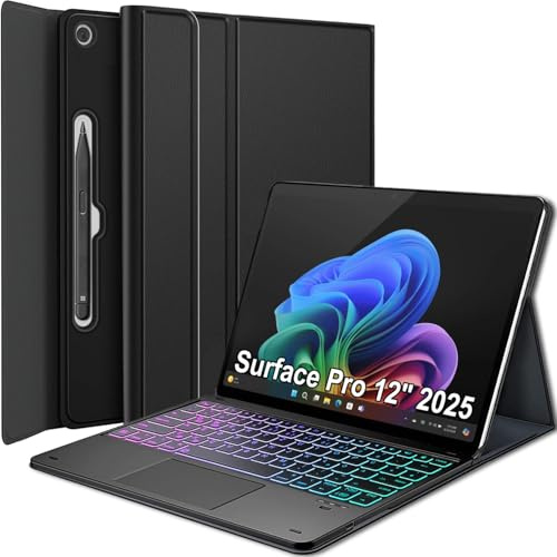 Wineecy Hülle mit Trackpad Tastatur für Microsoft Surface Pro 12 Zoll 2025, 3-Zonen 7-Farben Beleuchtung, Abnehmbare Magnetische Bluetooth QWERTZ Tastatur Schützhülle mit Touchpad