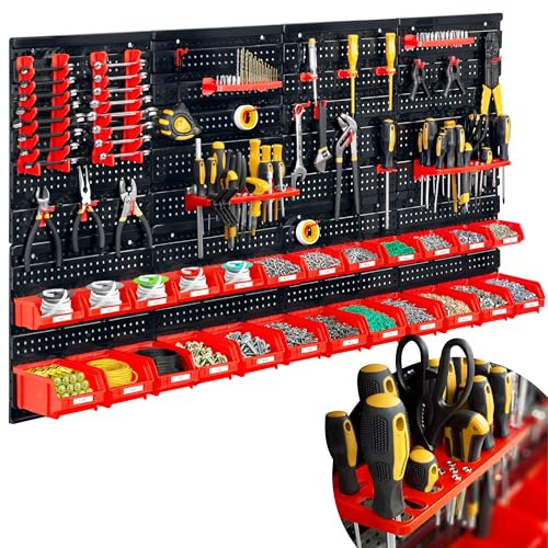 Humberg Werkzeugwand Werkstatteinrichtung - Lochwand - Wandregal für Werkstatt - 6 Module - 54 Teile - Schwarz Rot - 128 x 76 cm