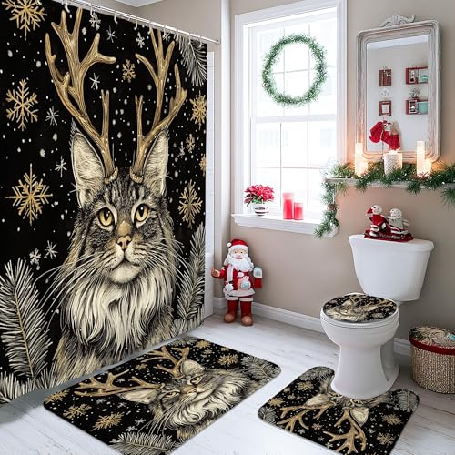 Maine Coons Katzen-Badezimmer-Set, Bad-Accessoire mit rutschfestem Teppich, U-Form und WC-Deckelbezug-Matte, schwarz, Weihnachts-Tier-Haustier-Badezimmer-Dekor, 183 x 183 cm, 4-teilig