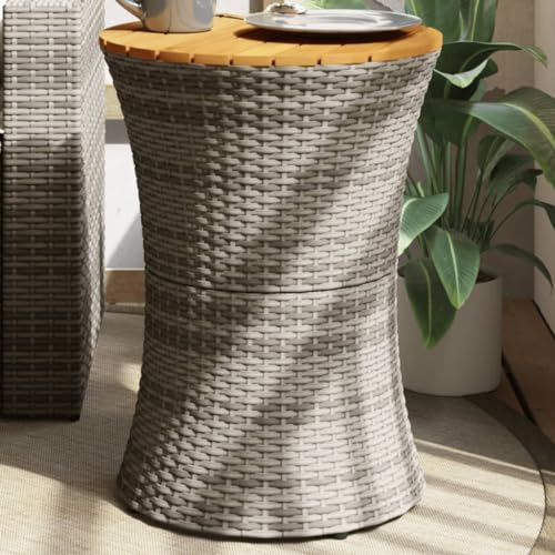 Owoxanthellate Gartentisch klappbar rund 38×56 cm, Poly Rattan grau, Akazienholzplatte, Stahlrahmen, wetterfest, Balkon Terrasse