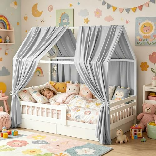 Ruioomeep Hausbett Himmel, 2 Stück Betthimmel Hausbett, Stoffhimmel für Hausbetten, Hausbett Himmel Deko Set, Betthimmel Hausbett Musselin für Jungen Mädchen Deko für Kinderzimmer, 135 x 350cm, Grau