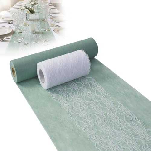 Vlies Tischläufer Set, Modern Dekoratives Tischband | 30cm×10m Vlies Tischläufer Eukalyptus Grün & Tischläufer Spitze Weiß 15cmx10m für Tischdeko Partydeko bei Geburtstag Hochzeit