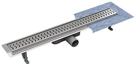 VOGI Duschrinne Edelstahl Komplettset mit dem Rost ONDA Haarsieb Rinne mit Siphon Montagefüße Inklusive mit Dichtmanschette Doppelkammer Bodenablauf Länge 90 cm