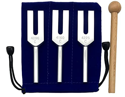 Angel Tuning Fork Set 4096 Hz 4160 Hz 4225 Hz for Crystal Clearing Angel Tuners Clear Space Wooden Hammer and Velvet Bag Sound Therapy, Healing, Meditation Musical Instrument, Balancing, Vibration