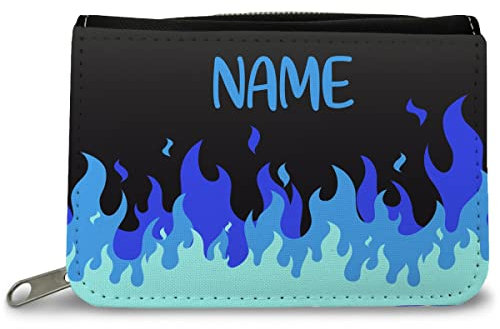GRAVURZEILE Bedruckte Geldbörse - Flammen Design - Personalisiert mit Namen - Geschenk für Kinder & Teenager für Taschengeld Fahrkarte - für Jungen & Mädchen - Farbe: Blau