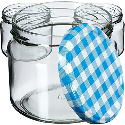 KADAX Lot de 20 bocaux à confiture avec couvercle à visser 330 ml - Bocaux de conservation pour confitures, confitures, miel, bocaux avec bouchon à vis (carreaux bleus/20)