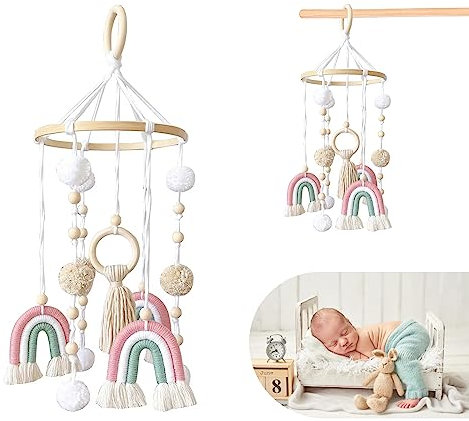 Mobile Baby Windspiele Regenbogen Mobile Baby Holz mit Filzbällen Mobile Baby Mädchen Bettglocke Anhänger für Babybett Jungen und Mädchen (Mehrfarbig)