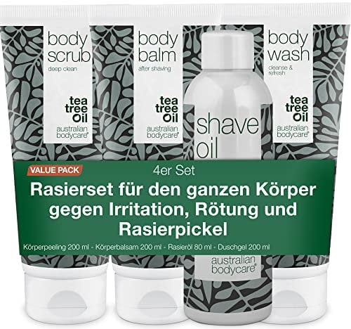 Rasur-Set für den ganzen Körper - Set mit Körperwaschgel, Peeling, Balsam und Rasieröl - Lösung für eine komfortable Rasur - Angereichert mit beruhigendem Teebaumöl - Perfekt für empfindliche Haut
