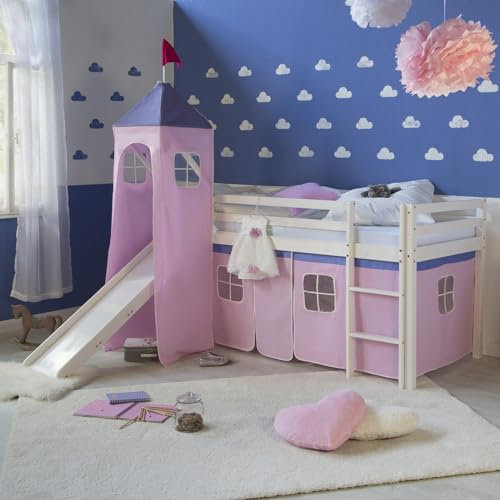 Homestyle4u 2553, Kinderhochbett Weiß 90 x 200cm Holz Kiefer rosa Hochbett Massiv Turm Leiter Vorhang Rutsche Lattenrost
