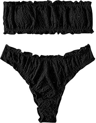 Bandeau Bikini Damen Anzüg Solide Rüschen Badende Hoch Baden Weiblich Sexy Bandeau Biquini Beachwear Bademoden Cut Zweiteiliger Badeanzug Swimwears Tankinis Set Bikini Damen High Waist (1C-Black, M)