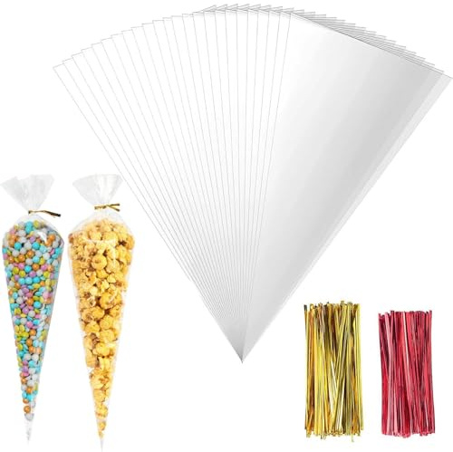 OMBRISA Sweet Cones Bags 100 Pcs, Sweet Cone Bag 25x13cm with 100 Twist Ties, Cone Bags, Transparent Triangle Cellophane Bags Gift Bags for Gifting, Party Favors, Candy-Snack Packaging