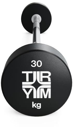 Trym Langhantel - Einzeln, 10kg bis 50kg, Gummiert, Kompakt, Griff Länge 89cm, Rutschfest, Gerändelt, Verchromt, aus Stahl - Langhantelstange mit Gewichten, Hanteln, Hantelstange, Krafttraining, Gym