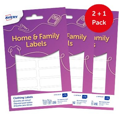 Avery Clothing Name Labels 108 Stick-On, Non-Iron Stickers (3 x 36 Pack), Washable & Dryer Safe, Soft Fabric, No Sewing Needed. Ideal for School Uniform, Nursery and Care Home Use