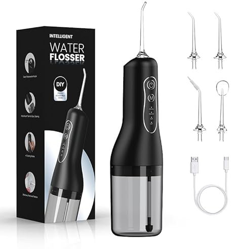 PQETBV Jet Dentaire Hydropulseur Portable, Irrigateur Oral Sans Fil 4 Modes et 4 Buses, Réservoir 300ML, USB Chargé, Étanche IPX6, Convient Gencive Sensible