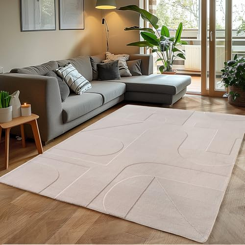 Teppium Boho Teppich 200 x 290 cm Creme – Weicher Skandinavischer Kurzflor mit 3D-Effekt – Waschbar & Pflegeleicht – Großer Teppich für Wohnzimmer, Esszimmer oder offene Räume