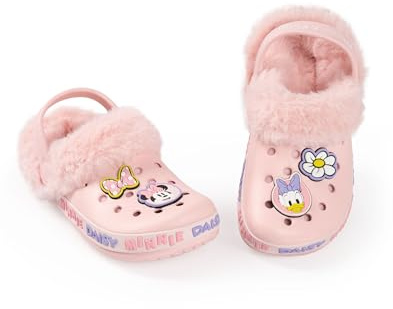Disney Minnie Mouse Girls Pink Clogs | Fur Lined with Minnie & Daisy Character Design | Casual Wear Footwear for Everyday Adventures | Comfortable Kids Shoes Merch