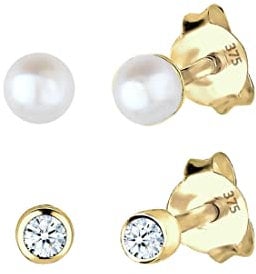 Elli DIAMONDS Ohrringe Damen Ohrstecker mit Diamant Süßwasserzuchtperle Basic in 375 Gelbgold