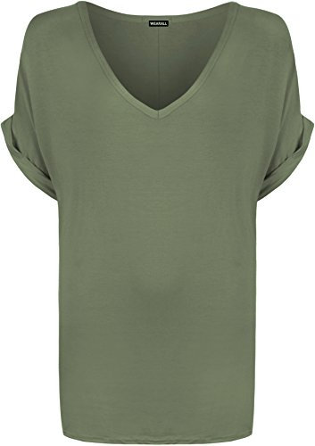 WearAll Women's New Plus Size Womens Short Turn Up Sleeve Baggy Plain Top Ladies V-Neck T-Shirt - Khaki - 16-18