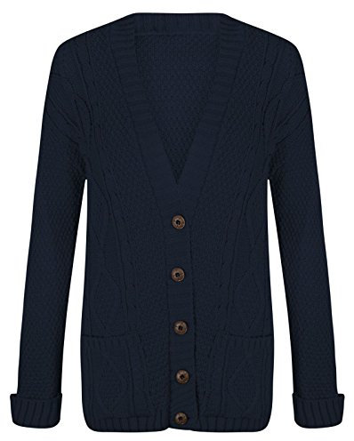 Purple Hanger New Womens Everyday Long Sleeve Button Top Ladies Chunky Aran Cable Knit Grandad Cardigan (8-10 SM, Navy)