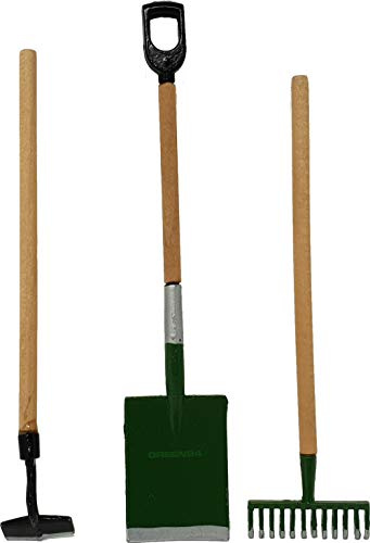 GREEN24 Mini Garten-Werkzeuge Set Spaten, Harke (Rechen), Hacke zum Miniaturgarten Zimmergarten (1:12-9,5 cm) Miniatur Werkzeug zur Deko