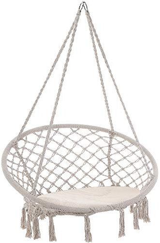 DETEX® Hängesessel 150kg Belastbarkeit Wetterfest Makramee Outdoor Indoor Hängeschaukel Hängestuhl Hängesitz Schaukel Nestschaukel Ø60cm Creme