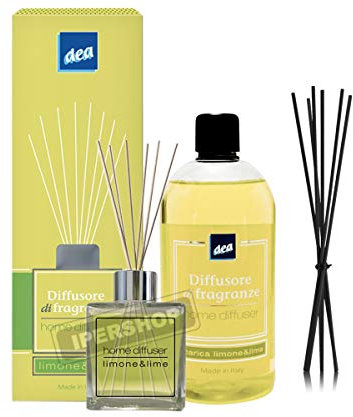 DEA SET FRAGRANZA LIMONE & LIME: DIFFUSORE DI FRAGRANZA CON BASTONCINI 200 ML + RICARICA 500 ML + RICAMBIO 10 BASTONCINI NERI