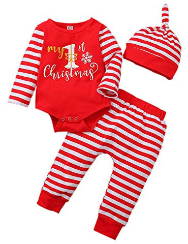Lazzboy Store Weihnachten kostüm kinder Neugeborene Baby Mädchen Cartoon Patchwork Strampler Bodysuit + gestreifte Hosen Set 3 Monate-1 jahre (Rot-Christmas,Höhe:80)
