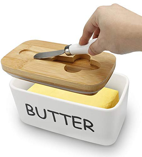 Beurrier en porcelaine avec couvercle hermétique, couteau à beurre en acier inoxydable et beurrier couvert, cadeau parfait (blanc)