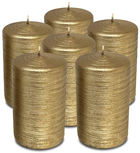 Hyoola Gebürstetes Metallic Stumpenkerzen - Kerzen Antikgold 6er-Pack - Stumpenkerzen Antikgold - Dekorative Stumpenkerzen Groß Hergestellt in EU - Kerzen Lange Brenndauer - 6 cm x 10 cm