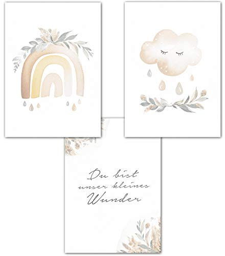 Lemmami Papeterie 3er Set Wandbilder Kinderzimmer Babyzimmer Poster Bilder DIN A4 Mädchen Junge Boho Deko Dekoration Kinderzimmer Boho Regenbogen Wolke (3er Bilder Set Rosa) Pastell, Wanddeko)