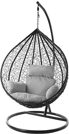 Kideo® Komplettset: XXL Hängesessel mit Gestell & Kissen, Lounge Möbel, Poly-Rattan, schwarz, edel, groß (Kissen: Nest grau (8008 Cloud))