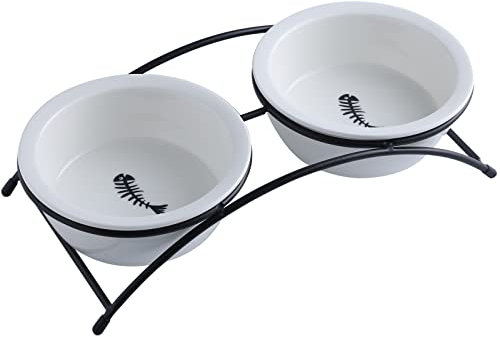 Zoneyila Cat Food Dish, Elevated Cat Food Water Bowls,Raised Cat Bowls with Stand,Ceramic Pet Bowls, Shallow Cat Dish, Dog Food Bowls, 12 Oz (White-3)