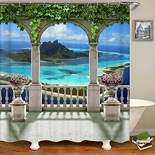 YUAOEUR Italian Style Balcony Corridor View Aqua Blue Ocean 3D Shower Curtain Green Island Flower Bed Climber Leaves Sea Scenery Bathroom Decoration Garden Outdoor Curtains, 80Wx80L inch