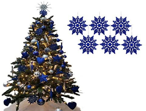 Simply Products Pack of 6-10cm Glitter Hanging Decoration, Snowflakes Christmas Tree Decorations (Royal Blue)