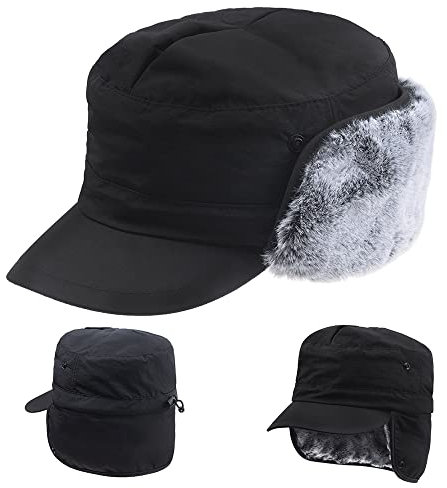 ZffXH Wintermütze Herren Militär, Schwarz Armee Mütze Winter Herren, Hut Hunter, Black Trapper Cap, Trappermütze Herren Winter Leder, Winter Basecap Herren, Warme Wintermütze, Winter Visor Cap Herren