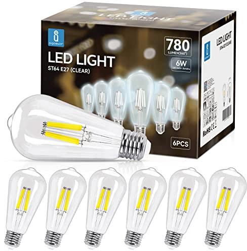 Aigostar E27 Filament LED Lampe 6W (Ersetzt 54W),Kaltweiß 6500K,700 Lumen,ST64 Leuchtmittel,Nicht dimmbar,6 Stück