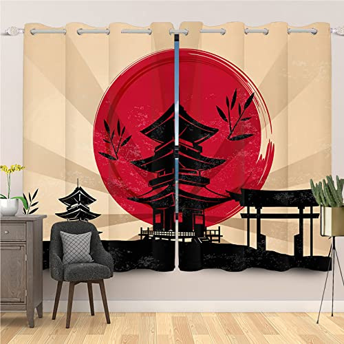 SDOTPMT 132x214cm Temple du Japon rétro Rideau de la fenêtre Soleil Rouge Bâtiment Asiatique Asie Paysage Thème Ukiyo-E Traitement de fenêtre Isolation Thermique Rideau Chambre, 2 Panneaux