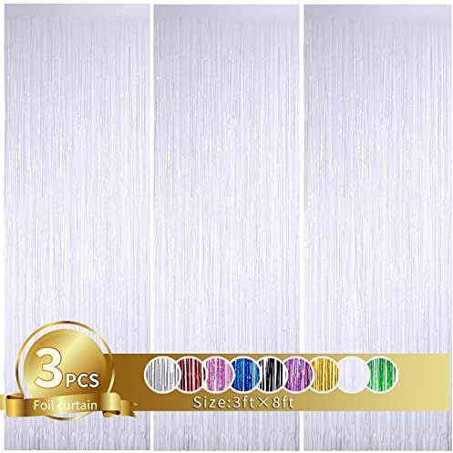 TONEFUL White Door Foil Fringe Curtains Metallic Backdrop for Birthday, Christmas, New Year, Bachelorette, Grad Party Decor (9.9ft x 8.2ft) - 3 Pieces