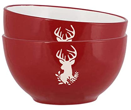 Breakfast/Dessert/Pasta Bowl Set of 2-400ml Hand Painted Red & White Reindeer Stoneware Crockery Dishwasher & Microwave Safe Christmas Reindeer Dinnerware Set